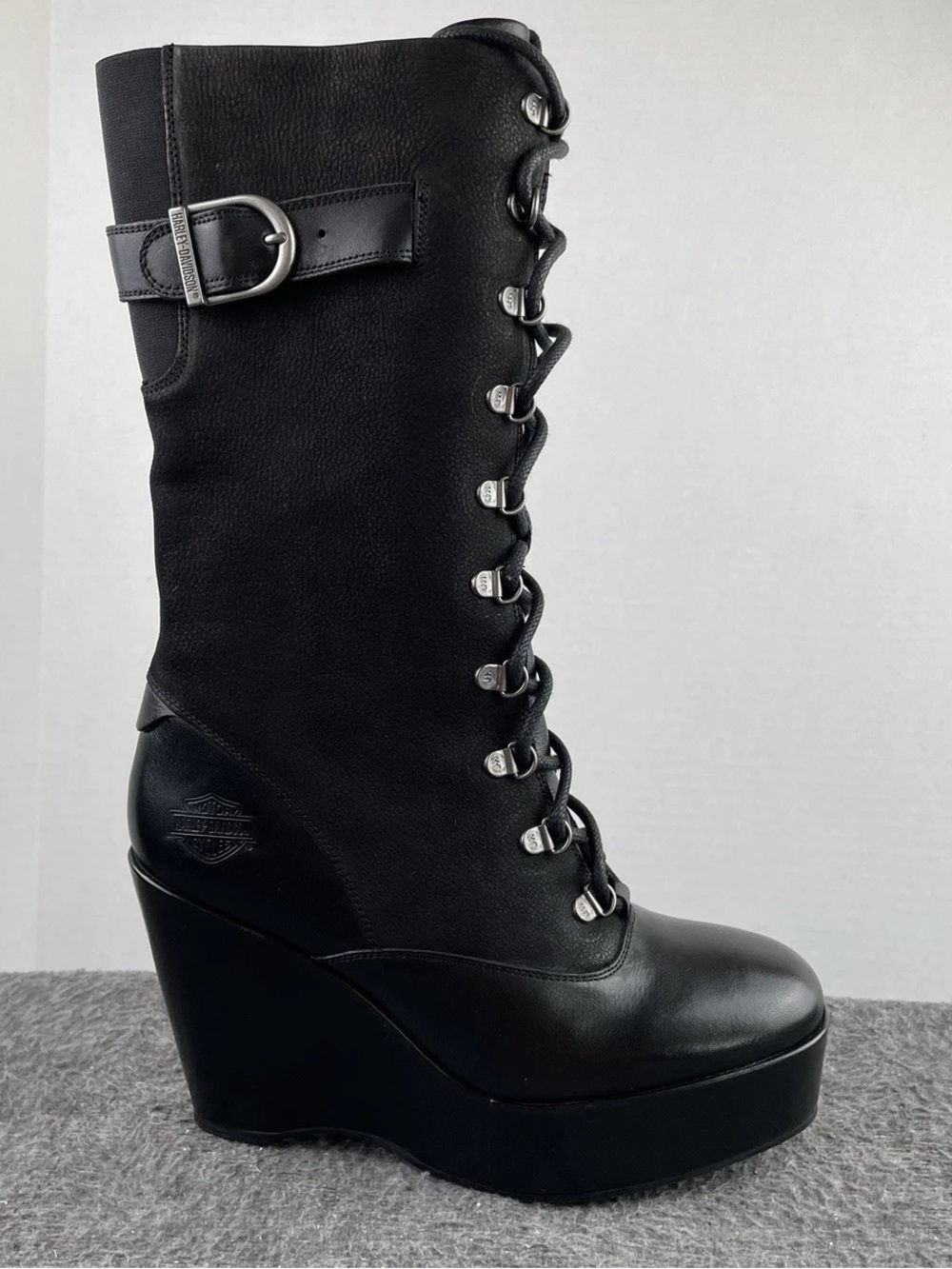Harley-Davidson Black Lace-Up Wedge Knee Boot with Buckle